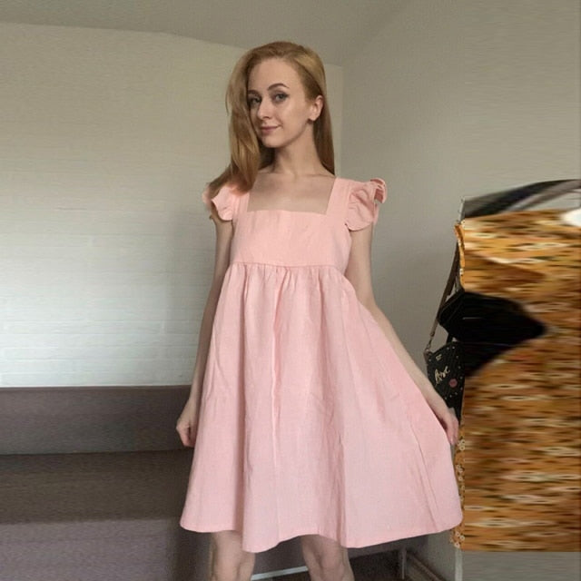 Muiches Casual Square Collar Butterfly Sleeve Mini Sweet Dress Woman Backless High Waist Loose Linen Solid Dress 2021 Summer
