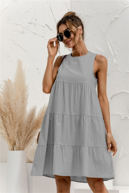 2021 Summer Women Vest Dress Cotton O-Neck Sleeveless Solid Midi Dress Stitching Large Swing Casual Loose Sundress Vestidos