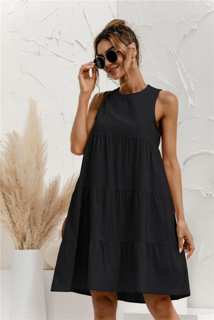 2021 Summer Women Vest Dress Cotton O-Neck Sleeveless Solid Midi Dress Stitching Large Swing Casual Loose Sundress Vestidos