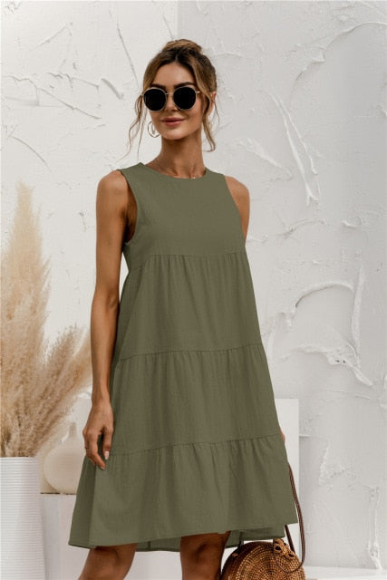 2021 Summer Women Vest Dress Cotton O-Neck Sleeveless Solid Midi Dress Stitching Large Swing Casual Loose Sundress Vestidos