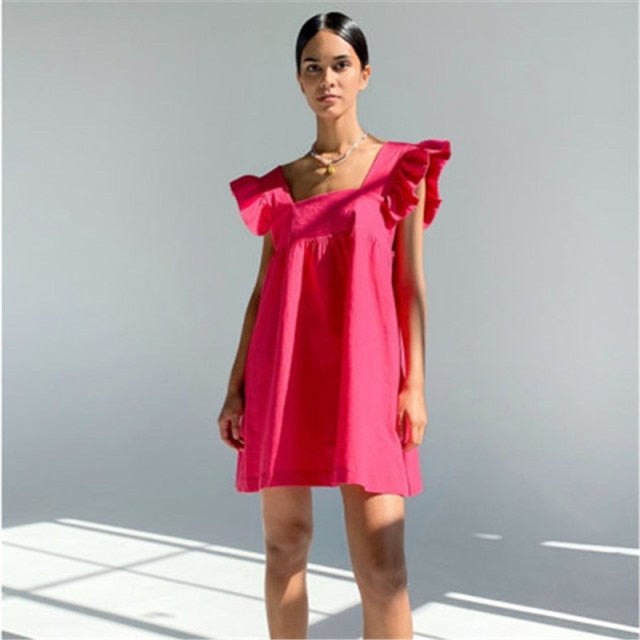 Muiches Casual Square Collar Butterfly Sleeve Mini Sweet Dress Woman Backless High Waist Loose Linen Solid Dress 2021 Summer