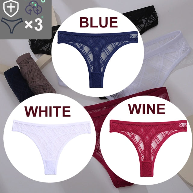 FINETOO 3PCS/Set Sexy Floral Transparent Women Thongs G-string Lingerie Lace Panties Low-Waist Femme Girls Briefs Mesh Pantys
