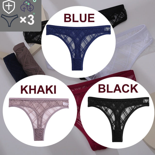 FINETOO 3PCS/Set Sexy Floral Transparent Women Thongs G-string Lingerie Lace Panties Low-Waist Femme Girls Briefs Mesh Pantys