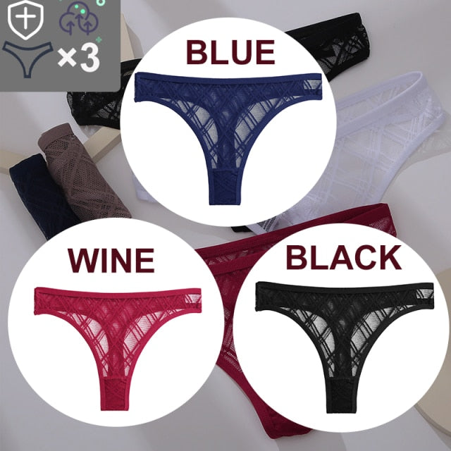 FINETOO 3PCS/Set Sexy Floral Transparent Women Thongs G-string Lingerie Lace Panties Low-Waist Femme Girls Briefs Mesh Pantys