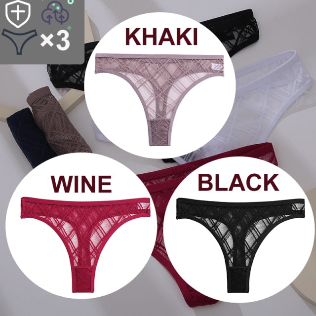 FINETOO 3PCS/Set Sexy Floral Transparent Women Thongs G-string Lingerie Lace Panties Low-Waist Femme Girls Briefs Mesh Pantys