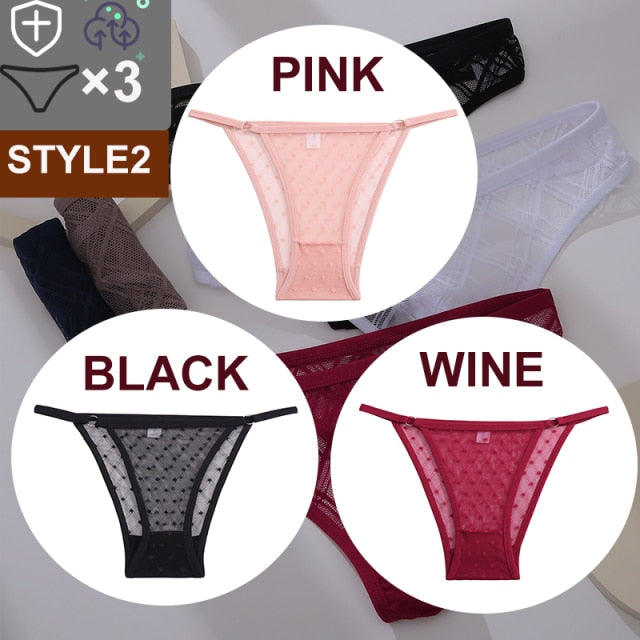 FINETOO 3PCS/Set Sexy Floral Transparent Women Thongs G-string Lingerie Lace Panties Low-Waist Femme Girls Briefs Mesh Pantys