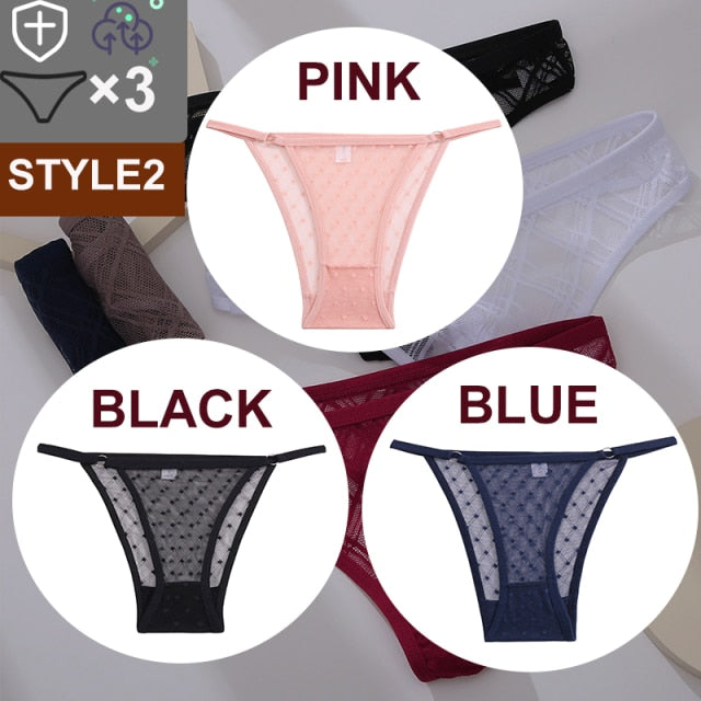 FINETOO 3PCS/Set Sexy Floral Transparent Women Thongs G-string Lingerie Lace Panties Low-Waist Femme Girls Briefs Mesh Pantys