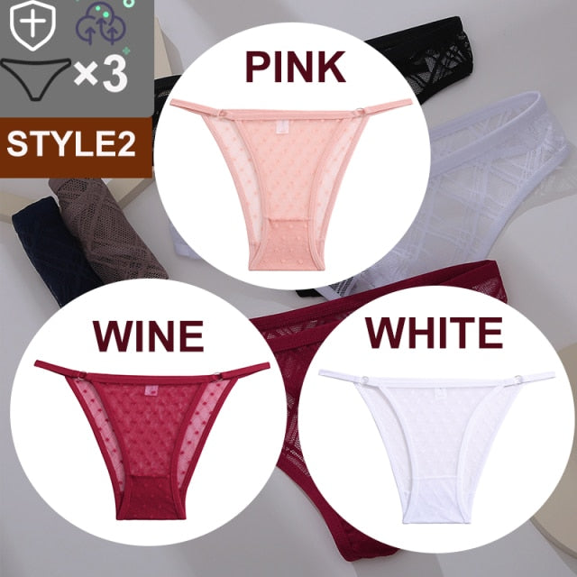 FINETOO 3PCS/Set Sexy Floral Transparent Women Thongs G-string Lingerie Lace Panties Low-Waist Femme Girls Briefs Mesh Pantys