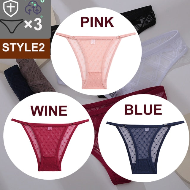 FINETOO 3PCS/Set Sexy Floral Transparent Women Thongs G-string Lingerie Lace Panties Low-Waist Femme Girls Briefs Mesh Pantys