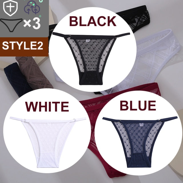 FINETOO 3PCS/Set Sexy Floral Transparent Women Thongs G-string Lingerie Lace Panties Low-Waist Femme Girls Briefs Mesh Pantys