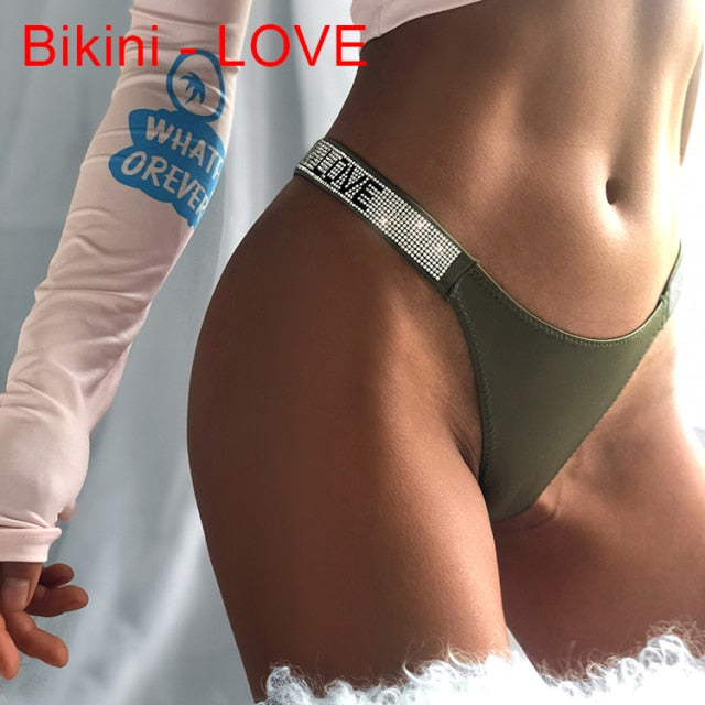 Sexy Women Pantie Crystal Rhinestone Underwear Fitness Gym Thongs Low Rise Fashion Tanga for Female Push Up Lingerie with Letter