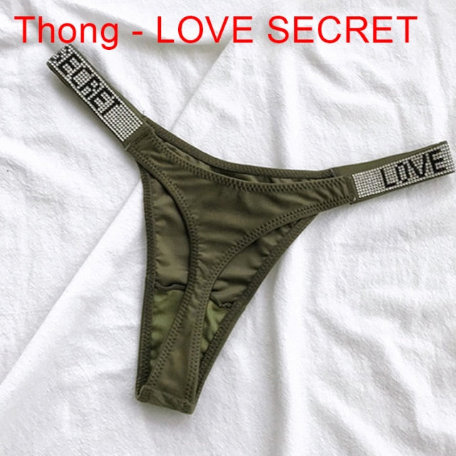 Sexy Women Pantie Crystal Rhinestone Underwear Fitness Gym Thongs Low Rise Fashion Tanga for Female Push Up Lingerie with Letter
