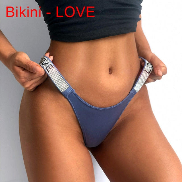 Sexy Women Pantie Crystal Rhinestone Underwear Fitness Gym Thongs Low Rise Fashion Tanga for Female Push Up Lingerie with Letter