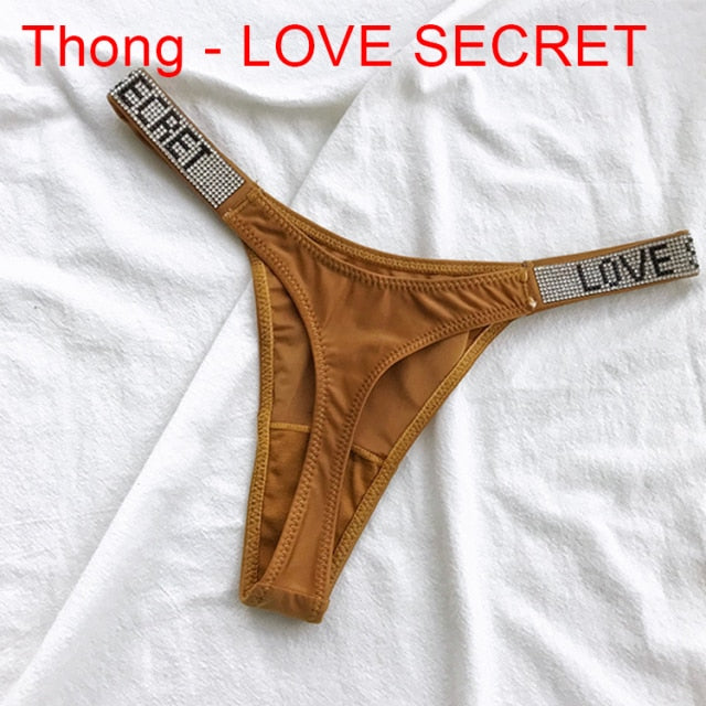 Sexy Women Pantie Crystal Rhinestone Underwear Fitness Gym Thongs Low Rise Fashion Tanga for Female Push Up Lingerie with Letter