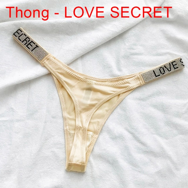Sexy Women Pantie Crystal Rhinestone Underwear Fitness Gym Thongs Low Rise Fashion Tanga for Female Push Up Lingerie with Letter