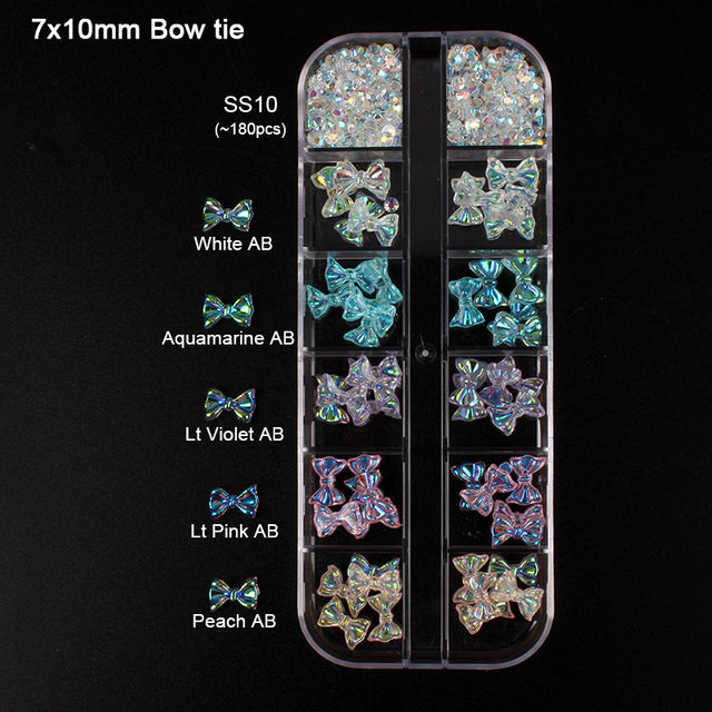12 grid box 60Pcs 3D Cute Bear/Butterfly Resin Nail Art Decorations Aurora Rhinestone for Nails Glitter DIY Manicure Accessories