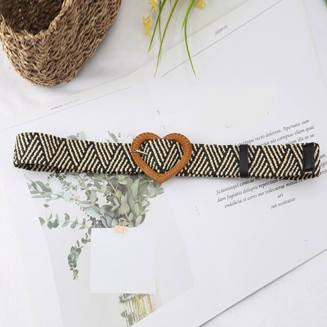 Vintage Boho Braided Waist Belt Summer Solid Female Belt Round Wooden Smooth Buckle Fake Straw Wide Belts For Women Hot Sale