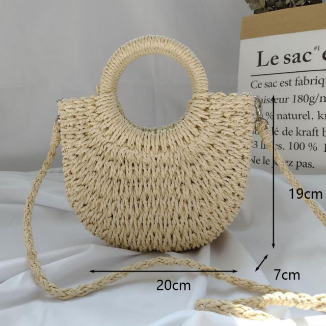Round Straw Beach Bag Vintage Handmade Woven Shoulder Bag Raffia circle Rattan bags Bohemian Summer Vacation Casual Bags