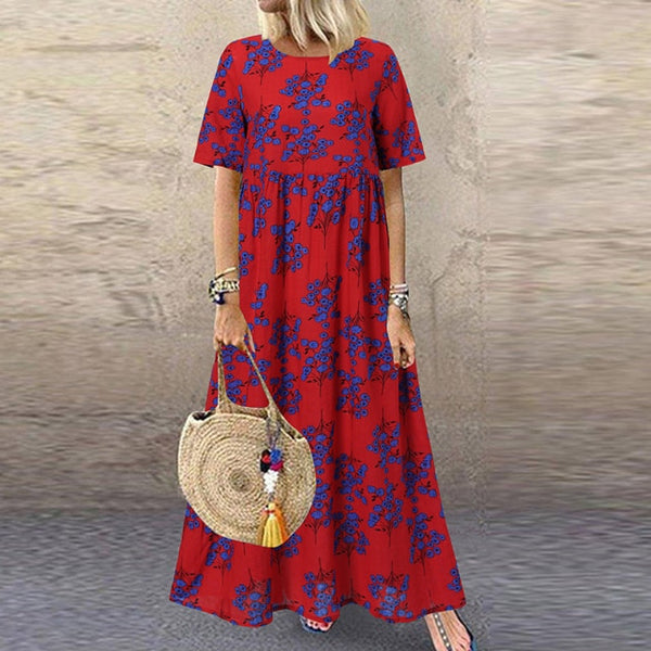 ZANZEA Summer Women Sundress Bohemian Floral Print Beach Maxi Dress Vintage V Neck Short Sleeve Oversized Dresses Kaftan Vestido