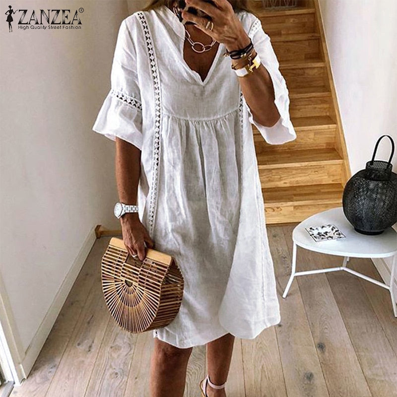 ZANZEA 2021  Summer Lace Dress Women's Sundress Fashion Flare Sleeve Short Vestido Female Bohemian V Neck Party Shirt Robe Femme