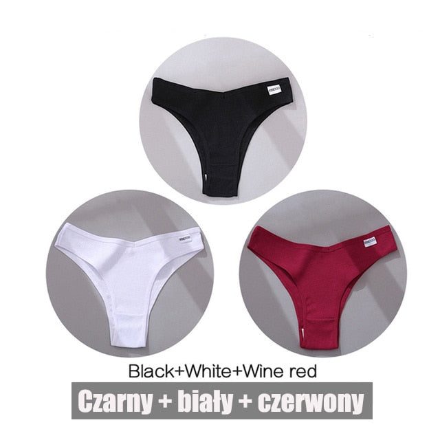 FINETOO 3PCS/Set Women's Panties Cotton Brazilian Underwear Women Sexy V Waist Women's Thong Female Underpants Intimate Lingerie
