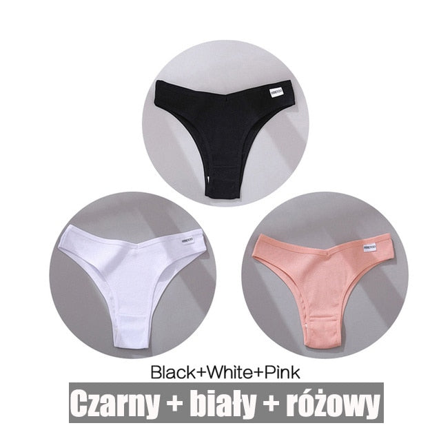 FINETOO 3PCS/Set Women's Panties Cotton Brazilian Underwear Women Sexy V Waist Women's Thong Female Underpants Intimate Lingerie