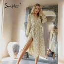 Simplee Elegant Green Leaf Print Dress Sexy Spring Long-sleeved V-neck Women Dresses 2021 Office Wrap Lace-up A-line Vestidos