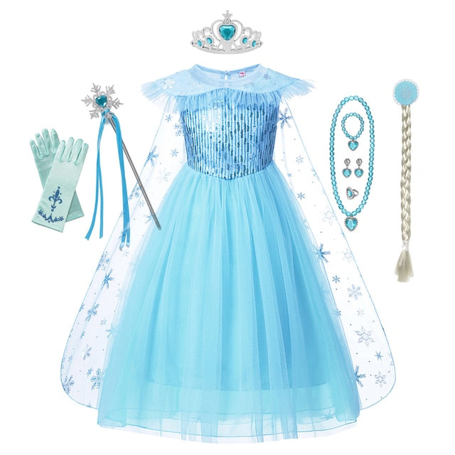 Frozen Girls Elsa Cosplay Dress Fancy Costume Girl Snow Queen Halloween Birthday Party Children Princess Clothes Cloak Disney
