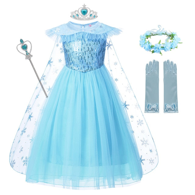 Frozen Girls Elsa Cosplay Dress Fancy Costume Girl Snow Queen Halloween Birthday Party Children Princess Clothes Cloak Disney