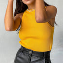 Sampic Knitted Summer Ribber Sleevless T Shirt Tops Women Casual Khaki White Crop Tops 2021 Club Short Skinny Tank Tops Fashion