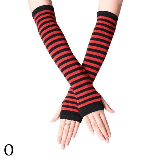 Unisex Long Fingerless Gloves Gloves Arm Cover Striped Cotton Wrist Sleeves Arm Warmer Sleeve Knitted Gloves Womens Fingerless