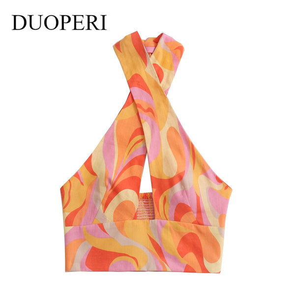 DUOPERI 2021 Women Fashion with Crossover Straps Tank Sexy Printed Tops Strapless Slim Fitted Female Camis Chic Crop Top