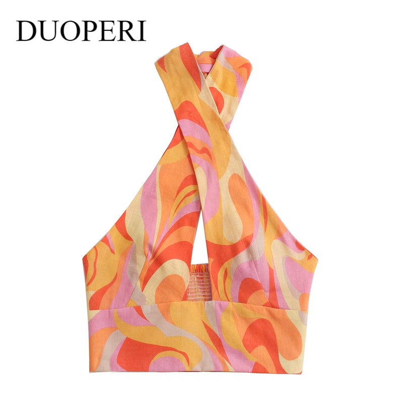 DUOPERI 2021 Women Fashion with Crossover Straps Tank Sexy Printed Tops Strapless Slim Fitted Female Camis Chic Crop Top