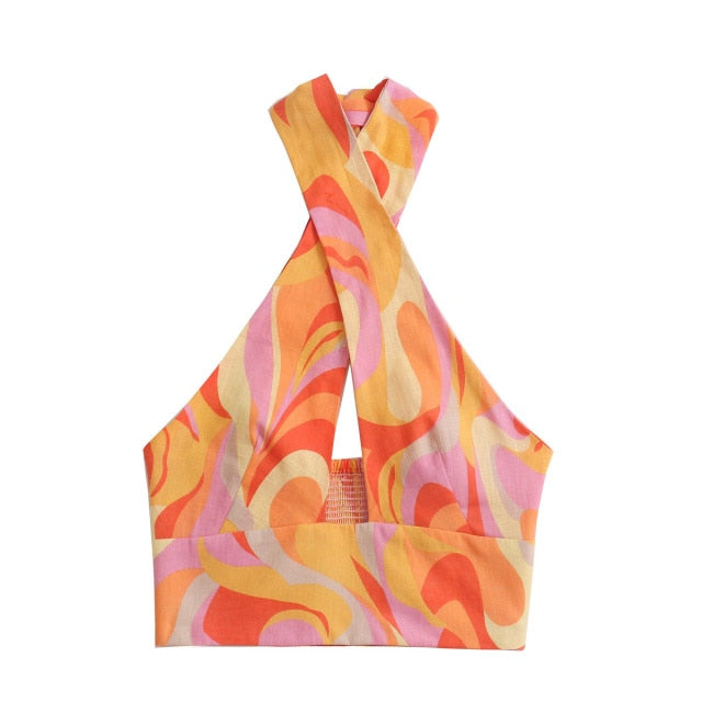 DUOPERI 2021 Women Fashion with Crossover Straps Tank Sexy Printed Tops Strapless Slim Fitted Female Camis Chic Crop Top