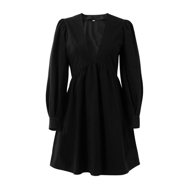 OOTN Deey V Neck Sexy Black Dress Women Puff Sleeve A Line Ladies Dress High Waist Casual Elegant Autumn Winter White Dresses