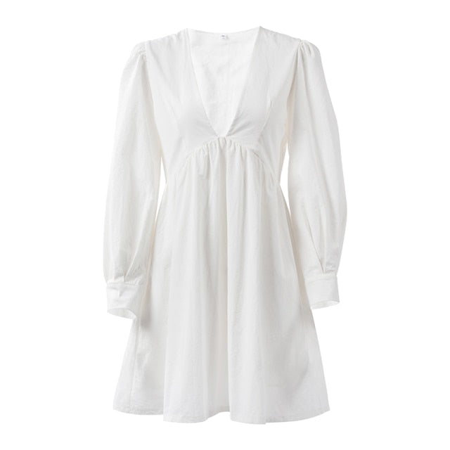 OOTN Deey V Neck Sexy Black Dress Women Puff Sleeve A Line Ladies Dress High Waist Casual Elegant Autumn Winter White Dresses