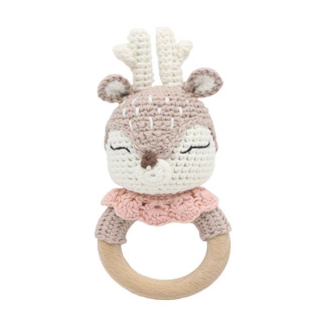 1pc Wooden Crochet Bunny Rattle Toy BPA Free Wood Ring Baby Teether Rodent Baby Gym Mobile Rattles Newborn Educational Toys