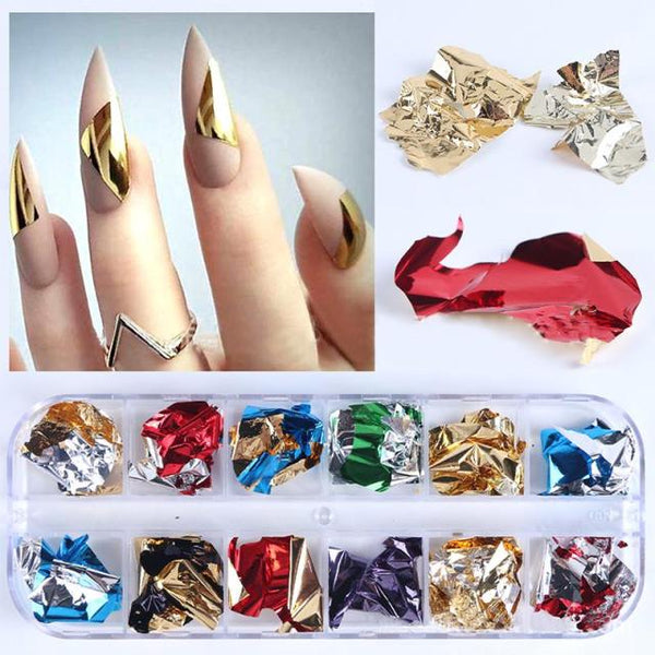 12 Color Gold Foils Gorgeous Nails Glitter Random Aluminum Flakes Paillette Chip Nail Design Shinny Sparkles Nail Art Decoration
