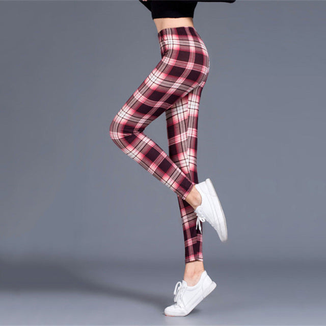 Women Leggings Grid Print Exercise Fitness Leggins Elasticity Plaid Push Up Legging Female Sexy Trousers Pants