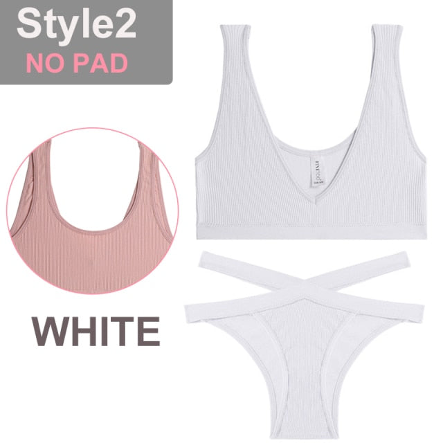 FINETOO Seamless Women Seamless Bra Lingerie Set Sexy Cropped Top Push Up Short Top+Thong Fitness Brassiere Suits Underwear Sets