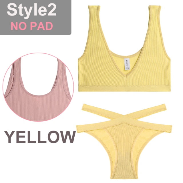 FINETOO Seamless Women Seamless Bra Lingerie Set Sexy Cropped Top Push Up Short Top+Thong Fitness Brassiere Suits Underwear Sets