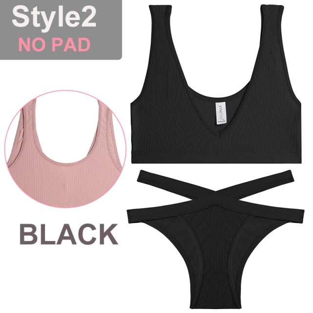 FINETOO Seamless Women Seamless Bra Lingerie Set Sexy Cropped Top Push Up Short Top+Thong Fitness Brassiere Suits Underwear Sets