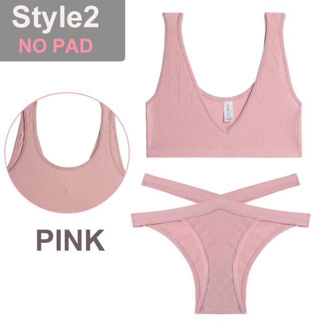 FINETOO Seamless Women Seamless Bra Lingerie Set Sexy Cropped Top Push Up Short Top+Thong Fitness Brassiere Suits Underwear Sets