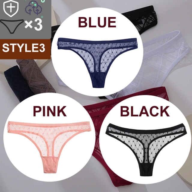 FINETOO 3PCS/Set Sexy Floral Transparent Women Thongs G-string Lingerie Lace Panties Low-Waist Femme Girls Briefs Mesh Pantys