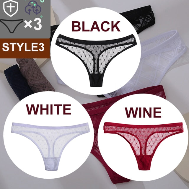 FINETOO 3PCS/Set Sexy Floral Transparent Women Thongs G-string Lingerie Lace Panties Low-Waist Femme Girls Briefs Mesh Pantys
