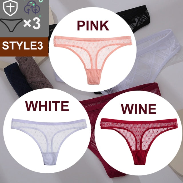 FINETOO 3PCS/Set Sexy Floral Transparent Women Thongs G-string Lingerie Lace Panties Low-Waist Femme Girls Briefs Mesh Pantys