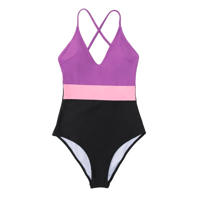 CUPSHE Cross Block One-piece Swimsuit Women V-neck Backless Patchwork Monokini 2021 Girl Beach Adjustable Btahing Suits Swimwear