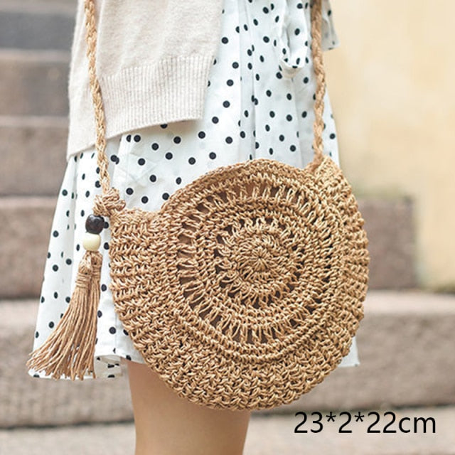 Round Straw Beach Bag Vintage Handmade Woven Shoulder Bag Raffia circle Rattan bags Bohemian Summer Vacation Casual Bags