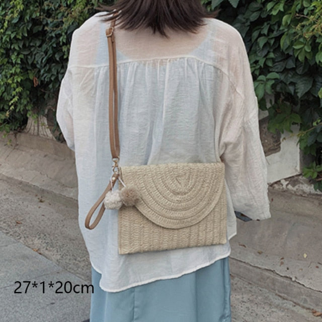 Round Straw Beach Bag Vintage Handmade Woven Shoulder Bag Raffia circle Rattan bags Bohemian Summer Vacation Casual Bags