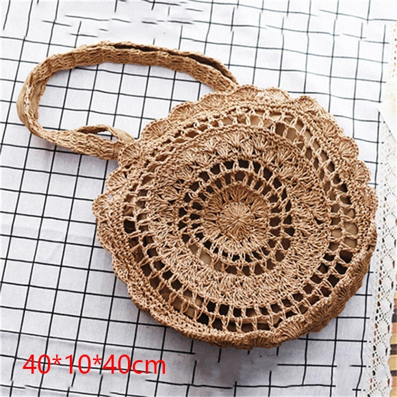 Round Straw Beach Bag Vintage Handmade Woven Shoulder Bag Raffia circle Rattan bags Bohemian Summer Vacation Casual Bags